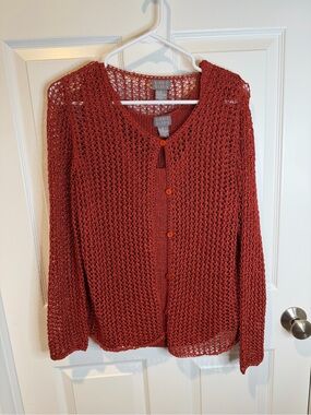 Sigrid Olsen Open-Weave Button Cardigan in Terracotta